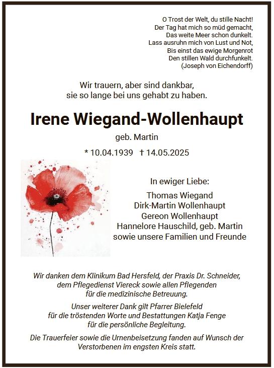 20250527 HNA MEG Traueranzeige Irene Wiegand-Wollenhaupt